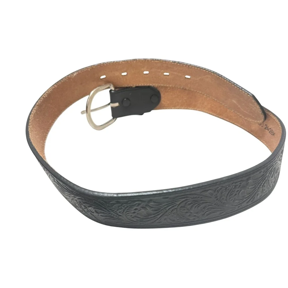Justin Western Belt Men 30 Black Excellent‎ Floral Tooled Leather USA 242BK